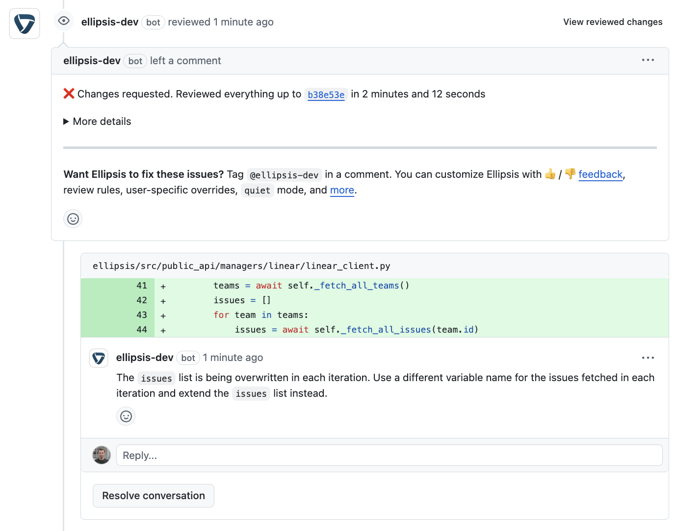 System architecture diagram showing the Ellipsis workflow: GitHub webhook events routed through Hookdeck to FastAPI, then to Hatchet workflow queue which triggers the review agent