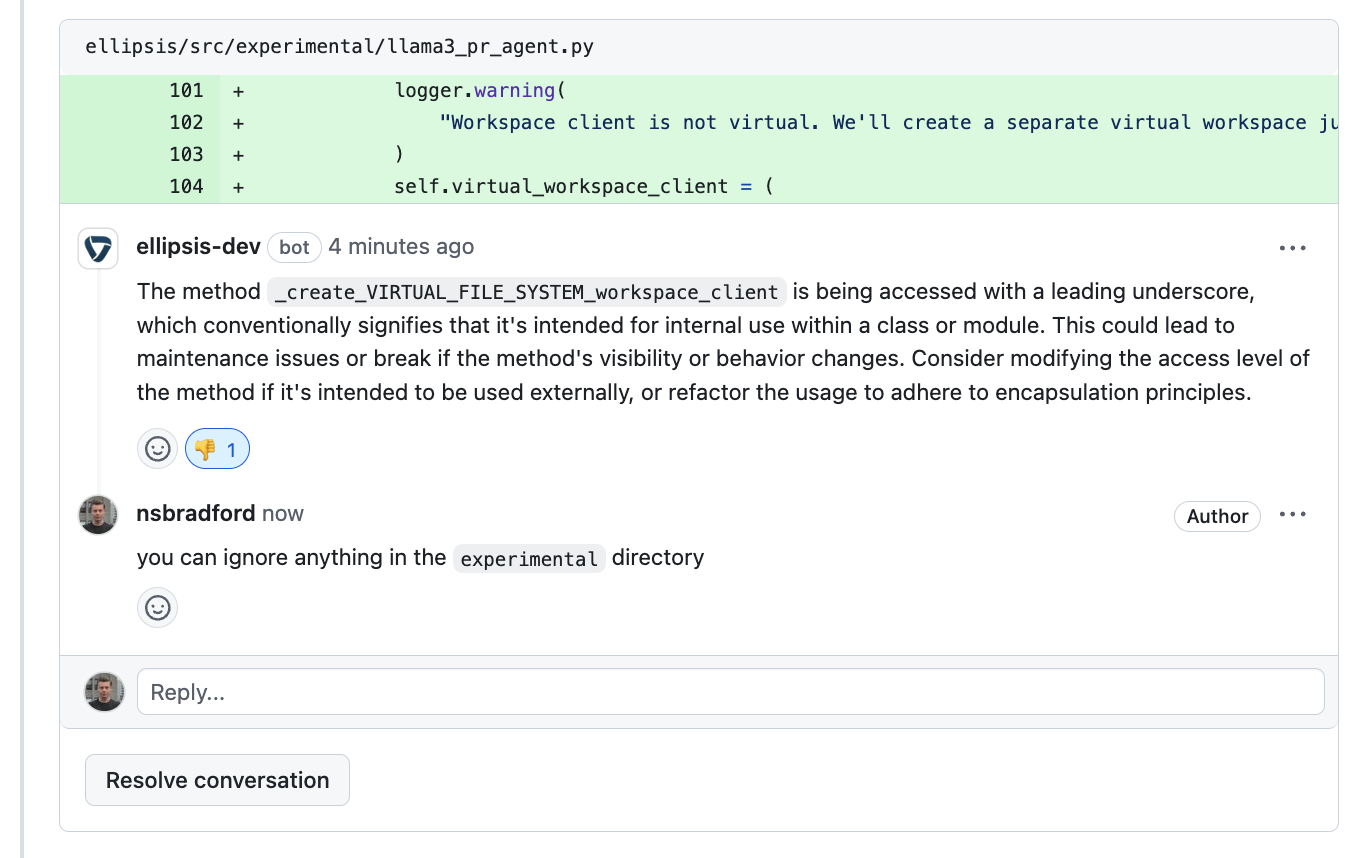 GitHub UI showing a user providing feedback by responding to an Ellipsis review comment, explaining why the comment was unhelpful