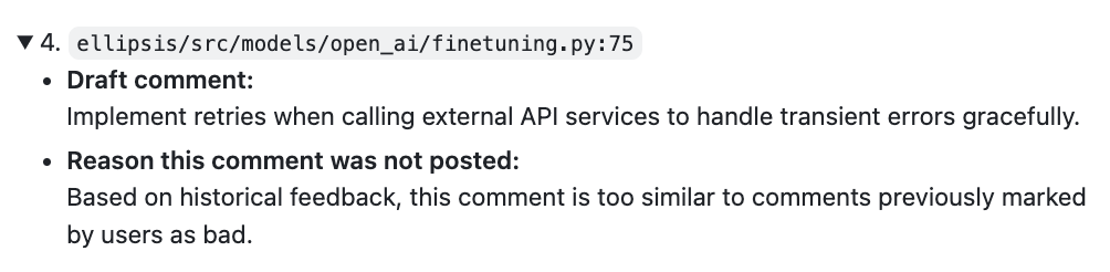 Dashboard visualization showing customer feedback data collected through thumbs up and thumbs down reactions on Ellipsis review comments