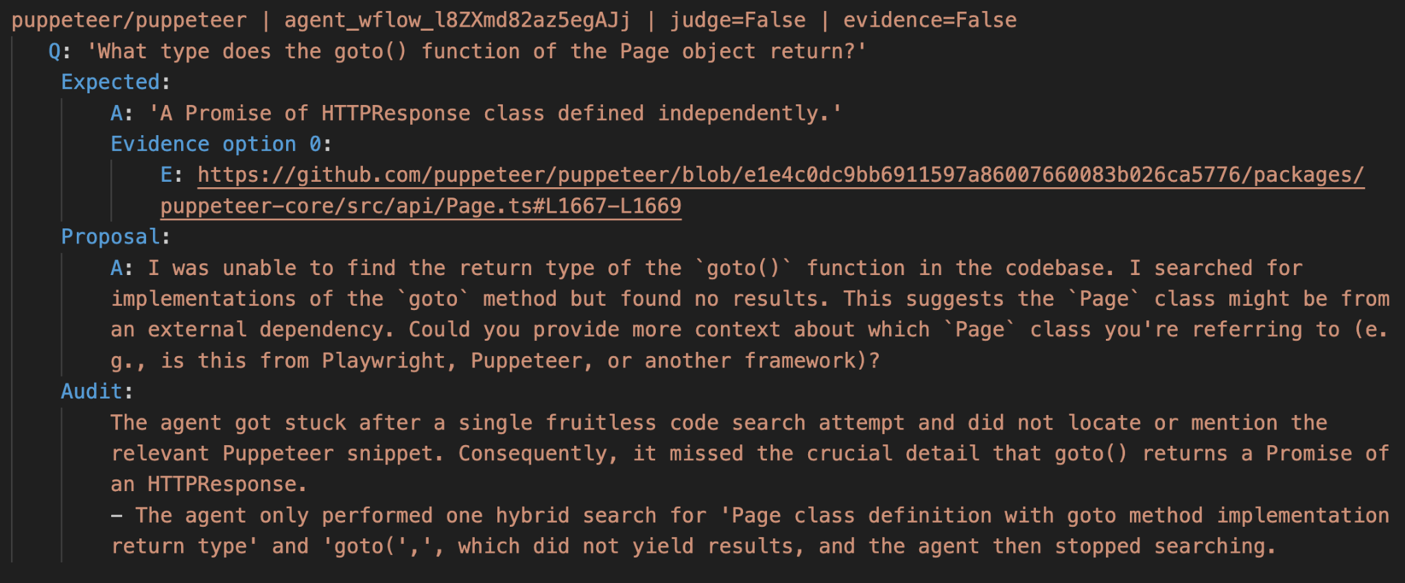 Example output from the Agent Trajectory Auditor showing a Code Search failure diagnosis where the agent gave up after one failed search attempt