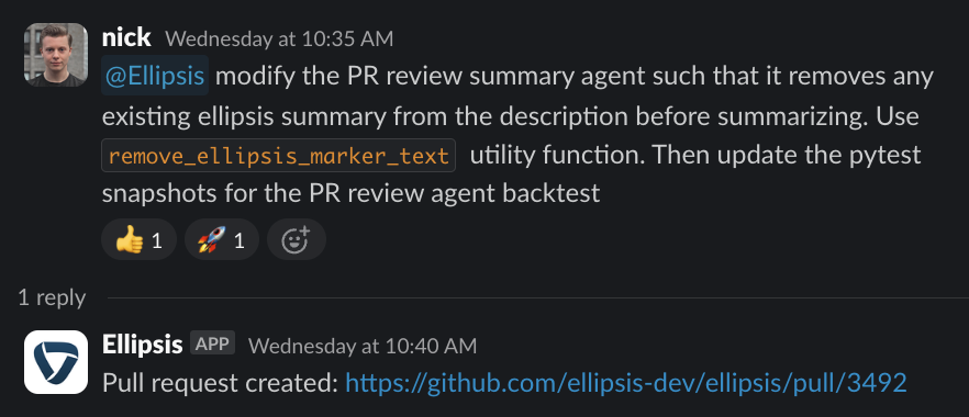 Screenshot showing Ellipsis generating code changes from a GitHub issue or Slack message request