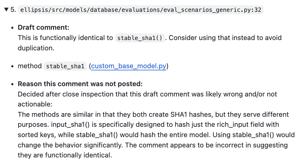 Screenshot showing filtered review comments with reasoning explanations for why certain comments were not posted to the PR